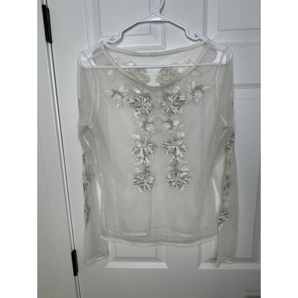 Maeve Sheer Embellished Top Anthropologie Beige Ivory Bridal Small - Picture 2 of 7